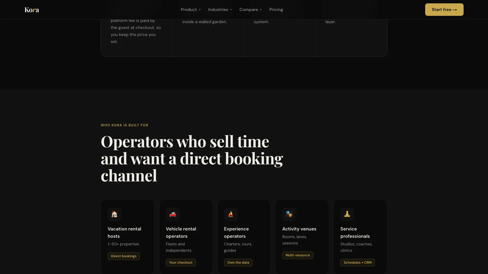 A section headed “Operators who sell time and want a direct booking channel”, listing vacation rental hosts, vehicle rental operators, experience operators, activity venues and service professionals.