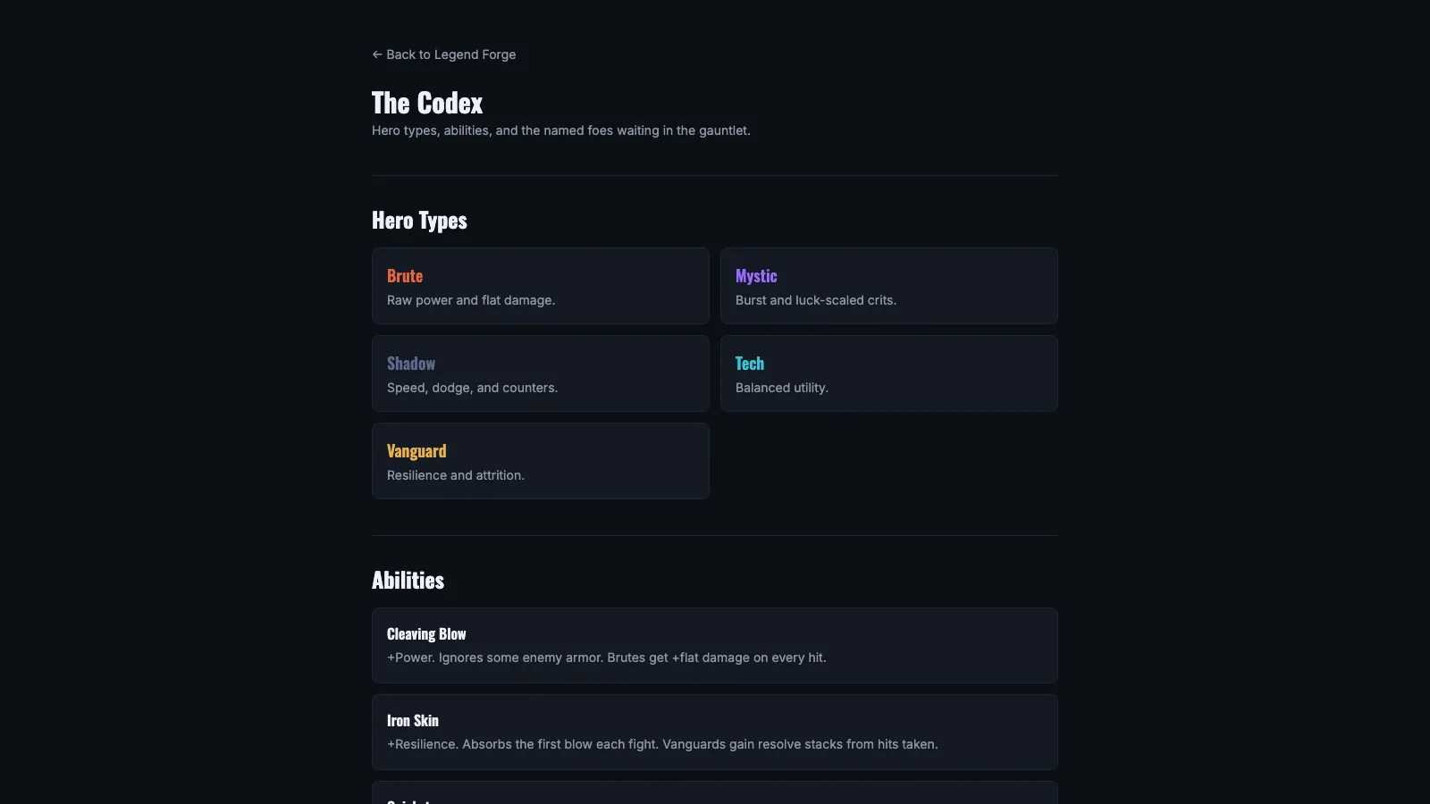 The Codex page, listing the five hero types with their traits — brute, mystic, shadow, tech, vanguard — and beneath them the abilities with what each one does.