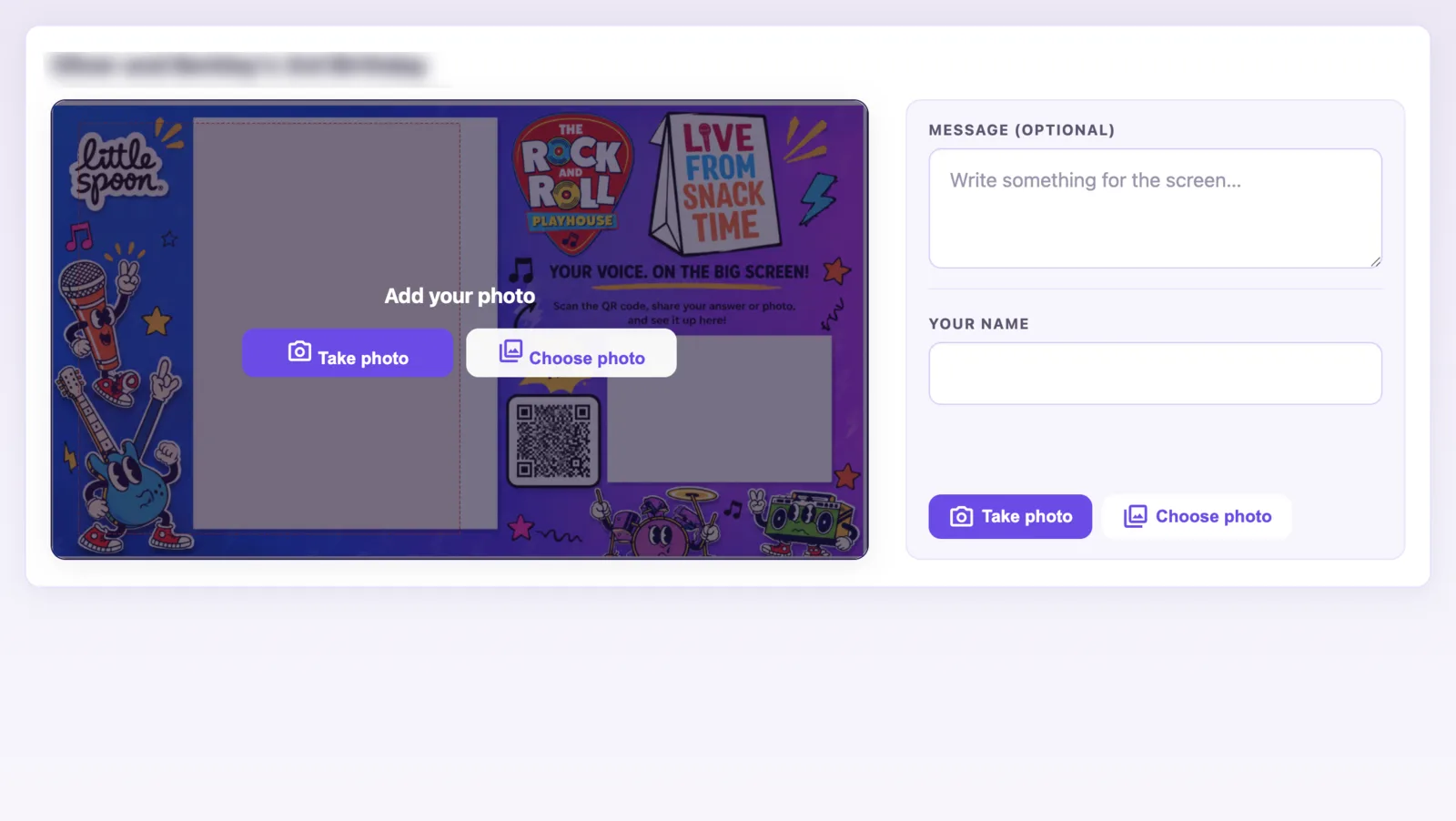 The guest capture page: a branded event frame with a marked-out space reading “Add your photo” and buttons to take a photo or choose one, beside optional fields for a message and the guest’s name.