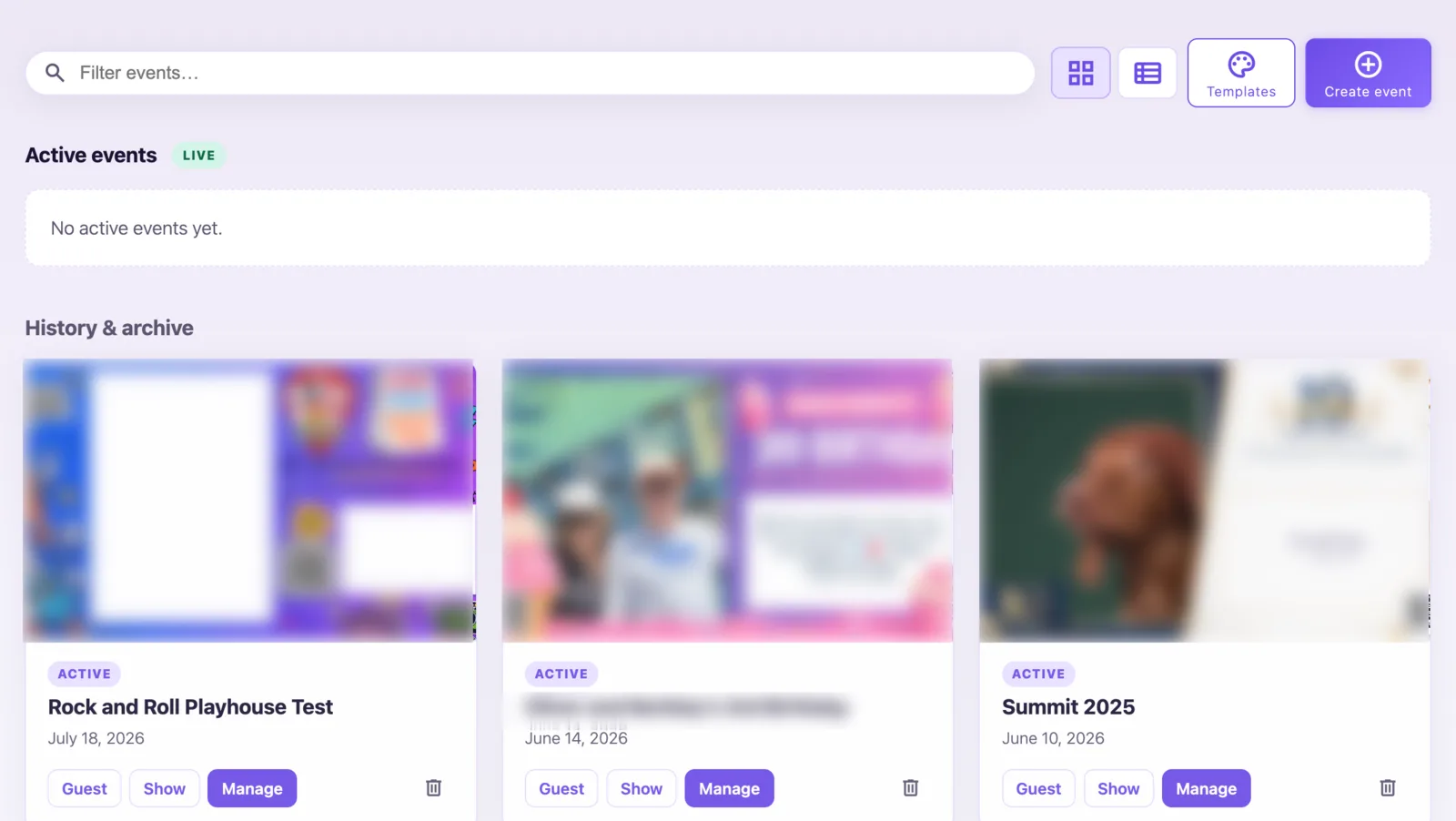 The events dashboard inside WordPress: a filter field, an “Active events” panel, and a “History and archive” grid of event cards, each with its date and buttons for guest, show and manage.