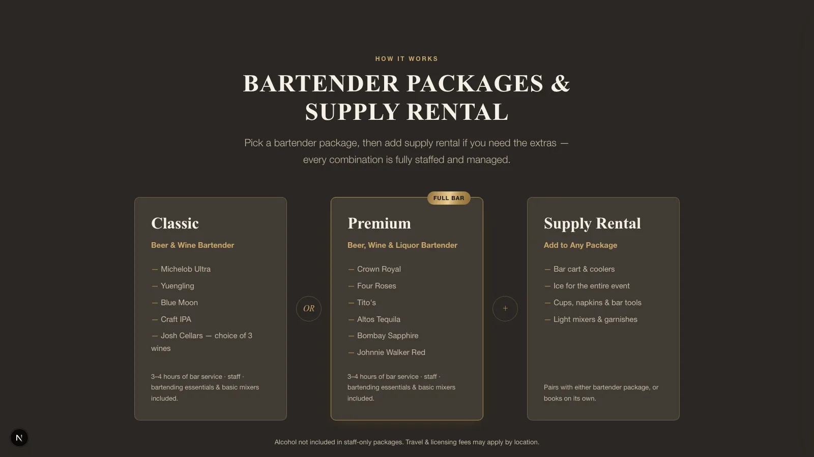 A section headed “Bartender packages and supply rental”, with three cards: Classic listing beer and wine bartending, Premium marked “full bar” and listing spirits by name, and Supply Rental itemising the bar cart, coolers, ice, glassware and tools.