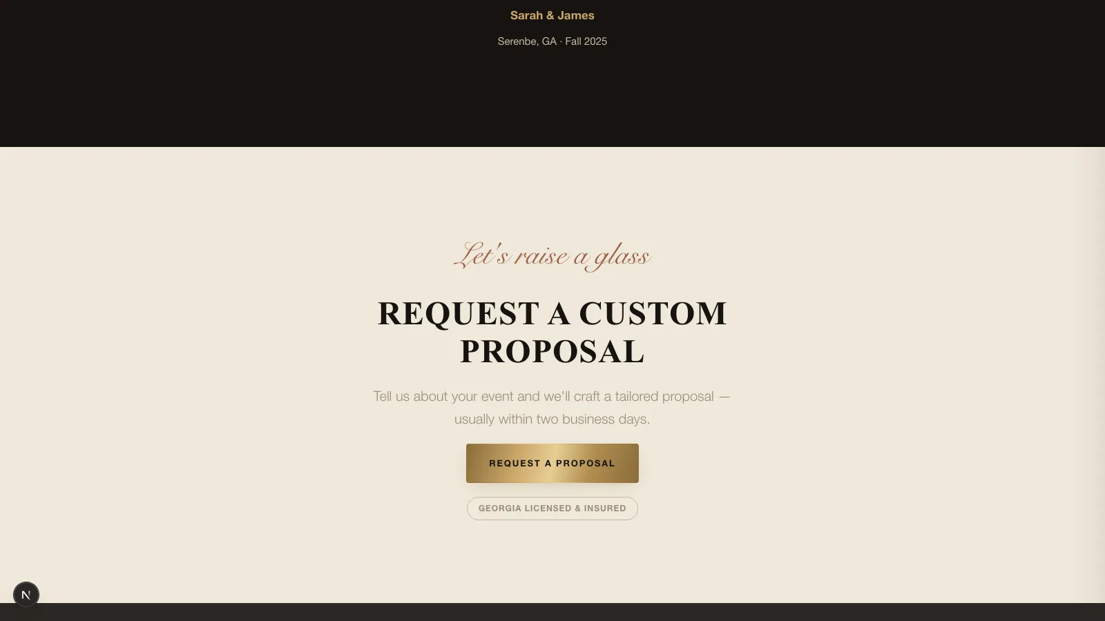 The closing section: a customer review credited to a couple with their venue and season, above a panel headed “Request a custom proposal” with a note that a tailored proposal usually follows within two business days, and a badge reading “Georgia licensed and insured”.