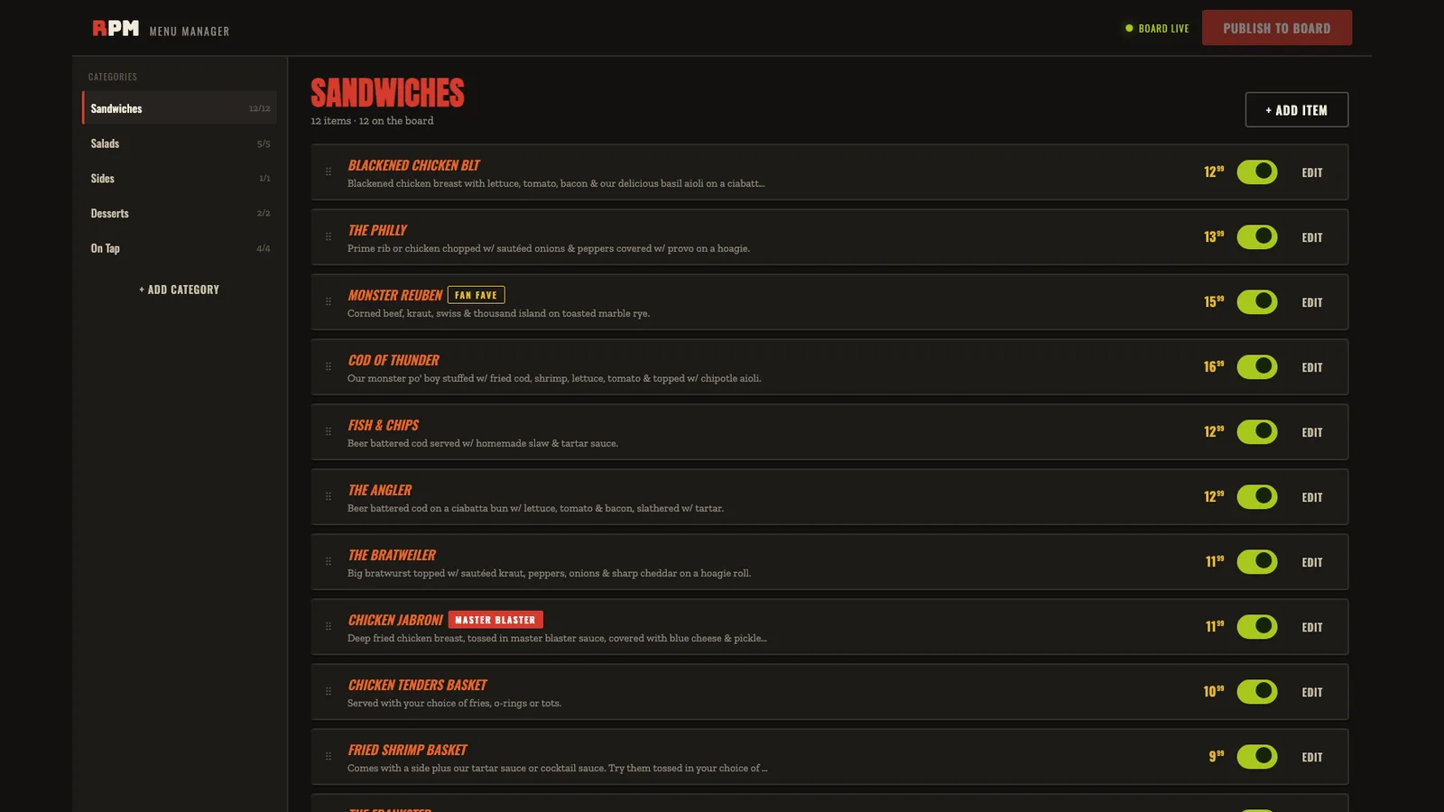 The RPM Menu Manager: a categories list down the left with item counts, a Sandwiches list with each item’s price and a green on-or-off toggle, FAN FAVE and MASTER BLASTER tags, a “Board live” indicator and a “Publish to board” button.
