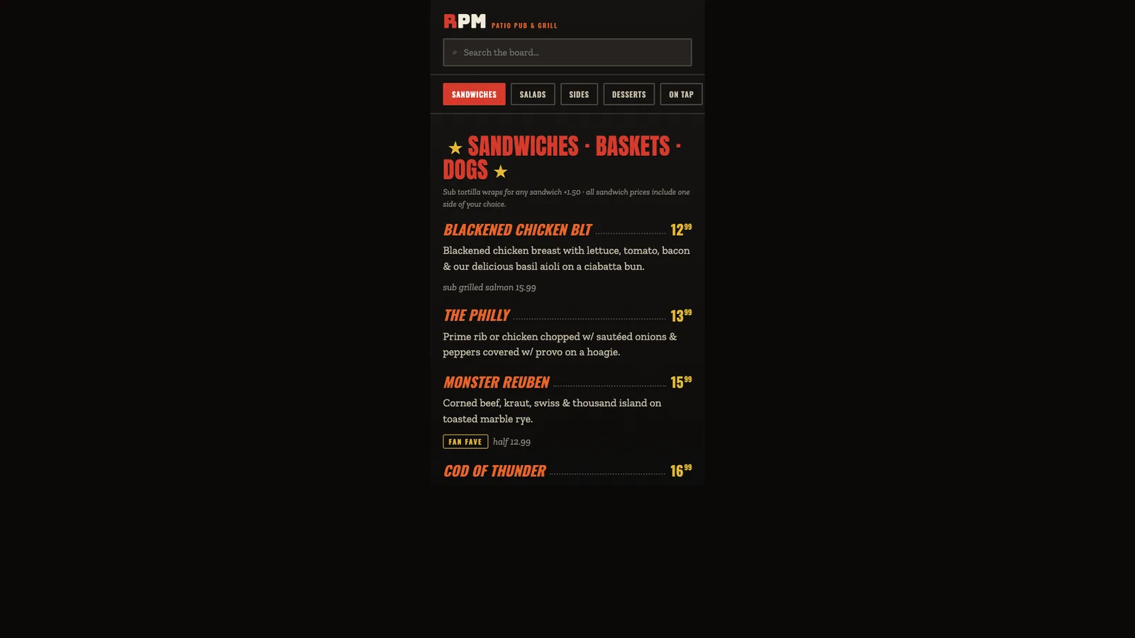 The guest menu on a phone: the RPM wordmark, a search field reading “Search the board”, category tabs for sandwiches, salads, sides, desserts and on tap, and items with prices and descriptions.